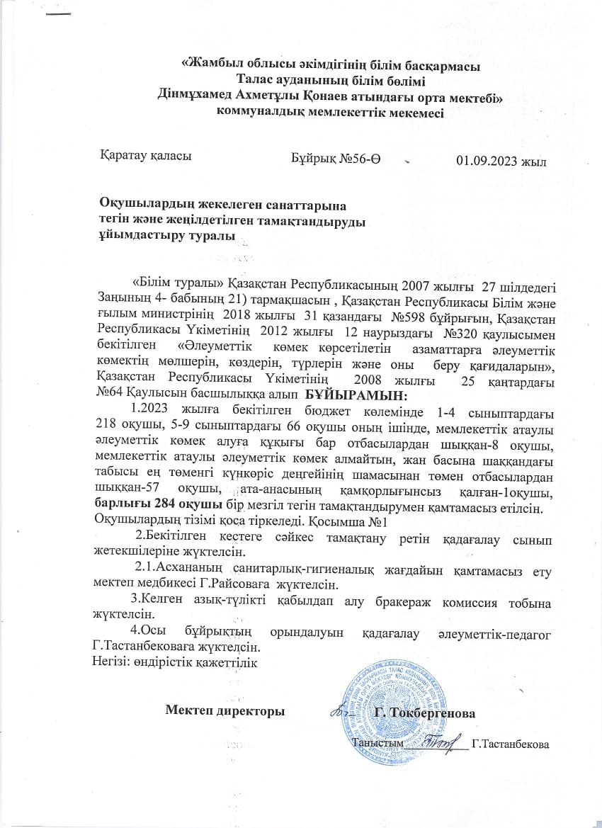 Оқушылардың жекелеген санаттарына тегін және жеңілдетілген тамақтандыруды ұйымдастыру туралы