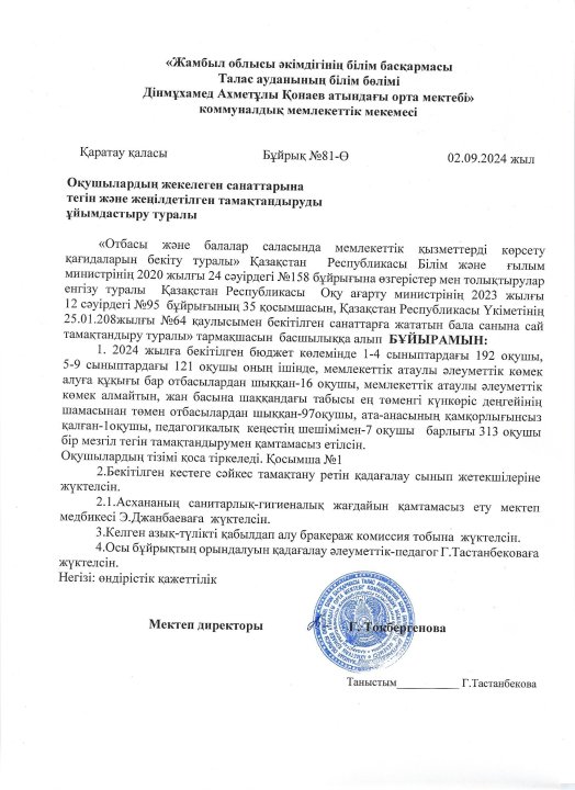 Оқушылардың жекелеген санаттарына тегін және жеңілдетілген тамақтандыруды ұйымдастыру туралы