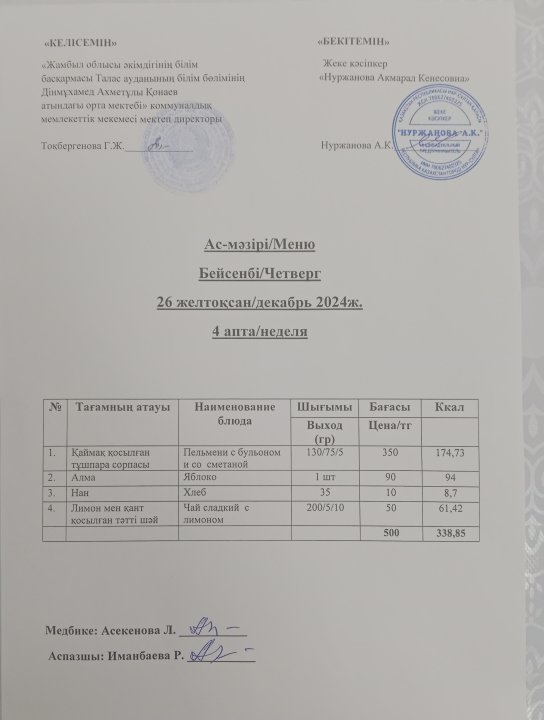 Ас мәзірі  26 желтоқсан