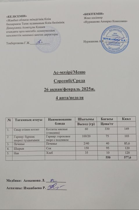 Ас мәзірі 26 ақпан
